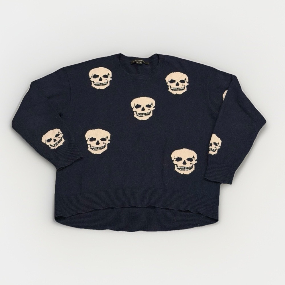 Skull Cashmere 100% Cashmere Crewneck Sweater‎ Navy Blue Skull All Over Size L